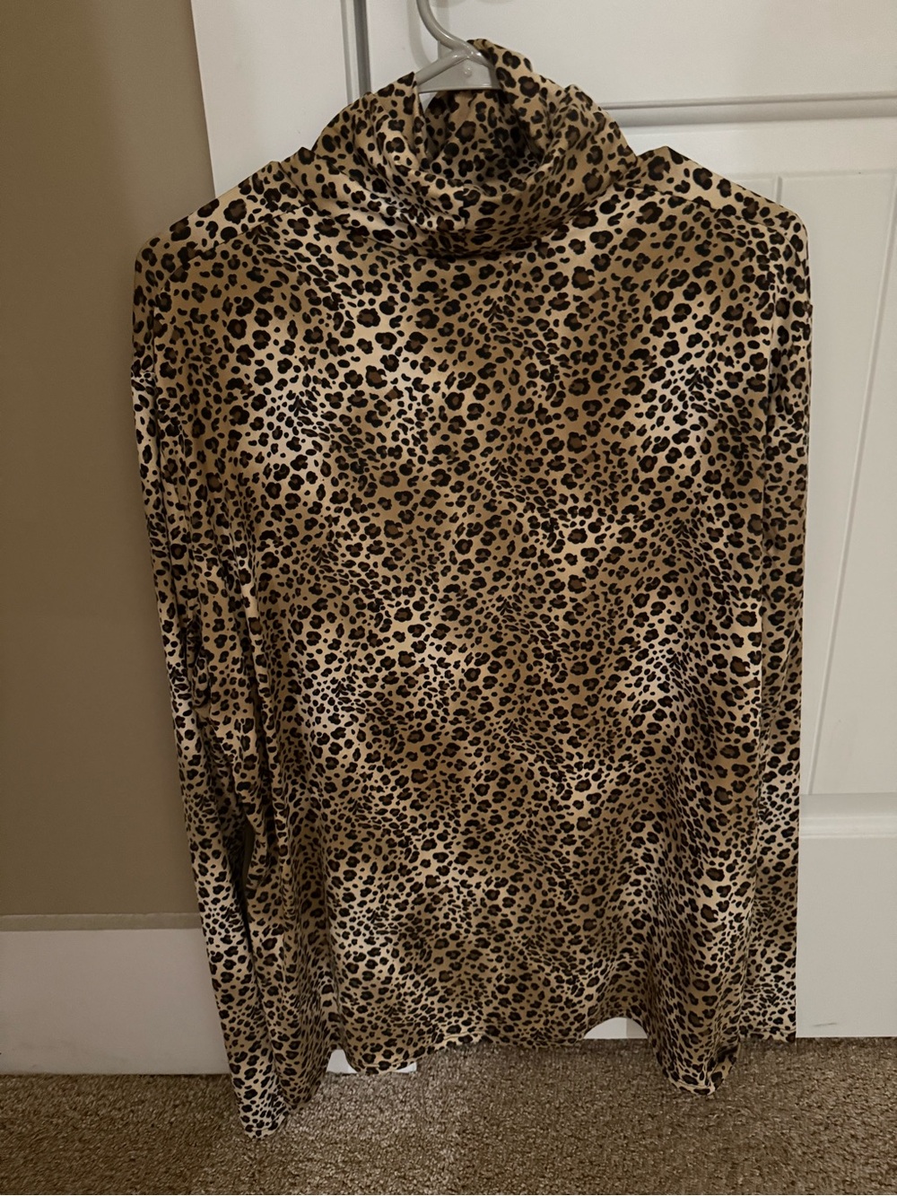 Women's Long Sleeve Leopard Print Turtleneck Top - Beige